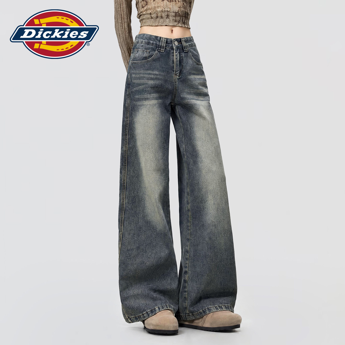 Dickies帝酷适复古水洗蓝微喇牛仔裤女秋冬新款高腰垂感阔腿长裤m
