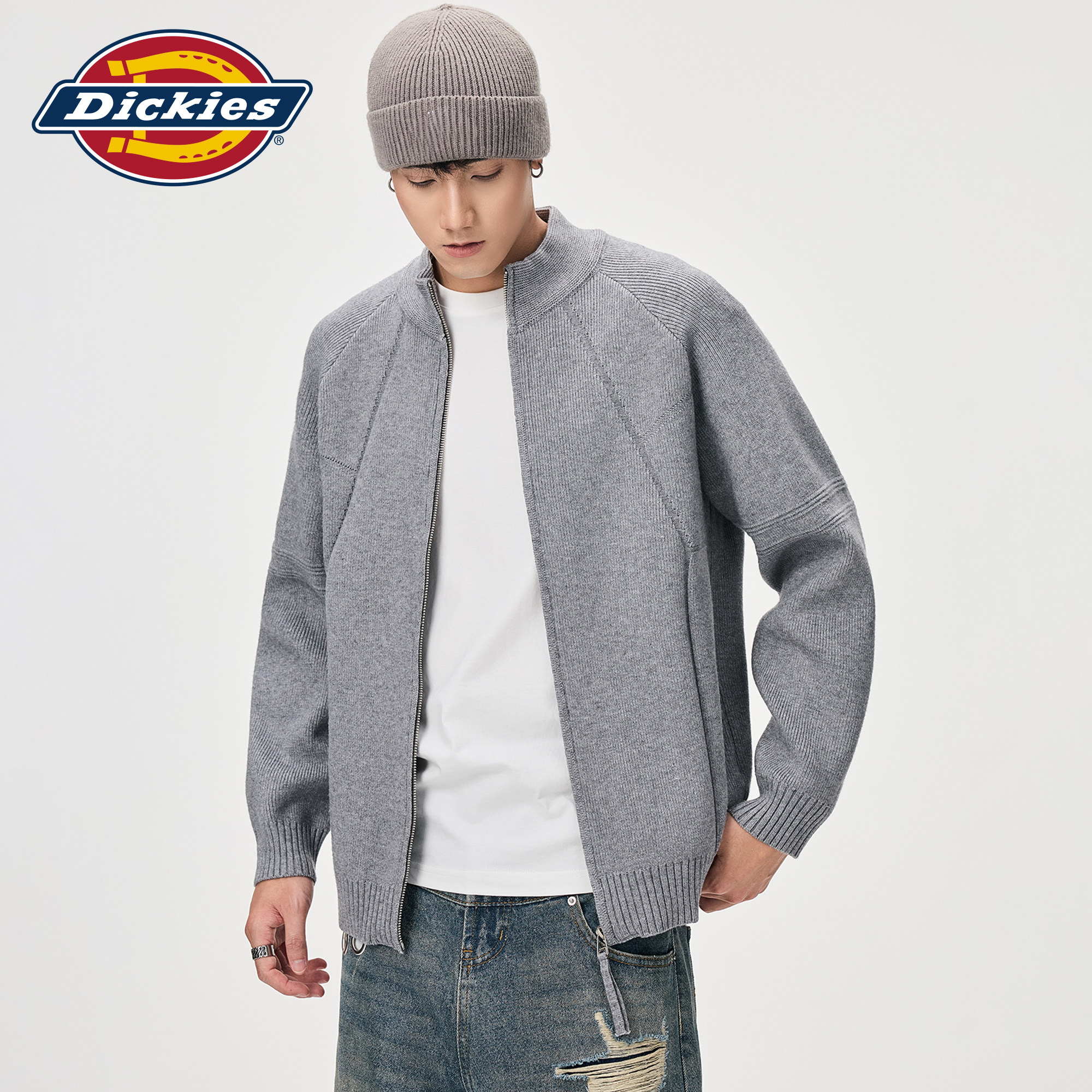 Dickies帝酷适半高领拉链针织开衫男生秋季美式宽松通勤毛衣外套M