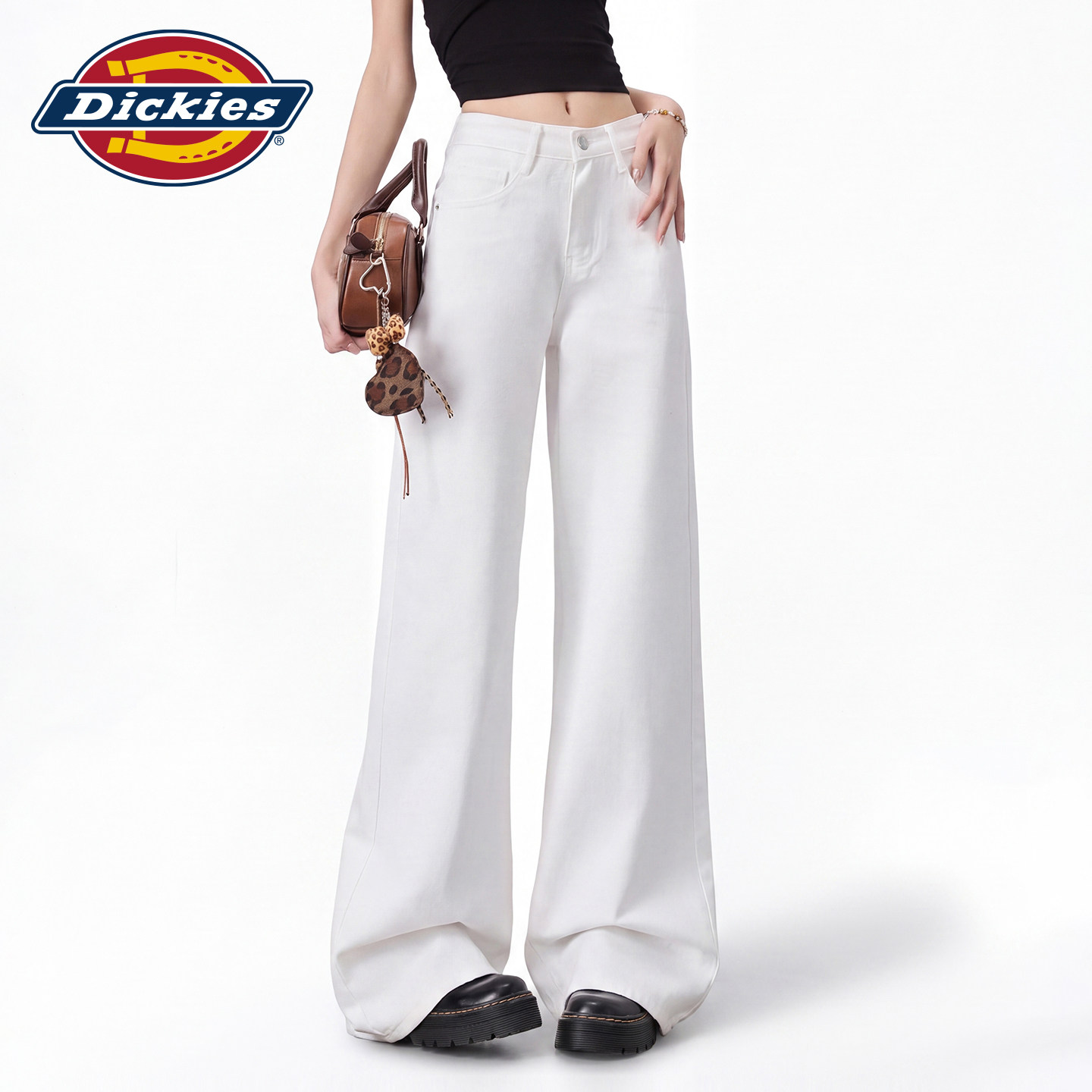Dickies帝酷适白色高腰阔腿牛仔裤女2026宽松垂感显瘦拖地长裤子m