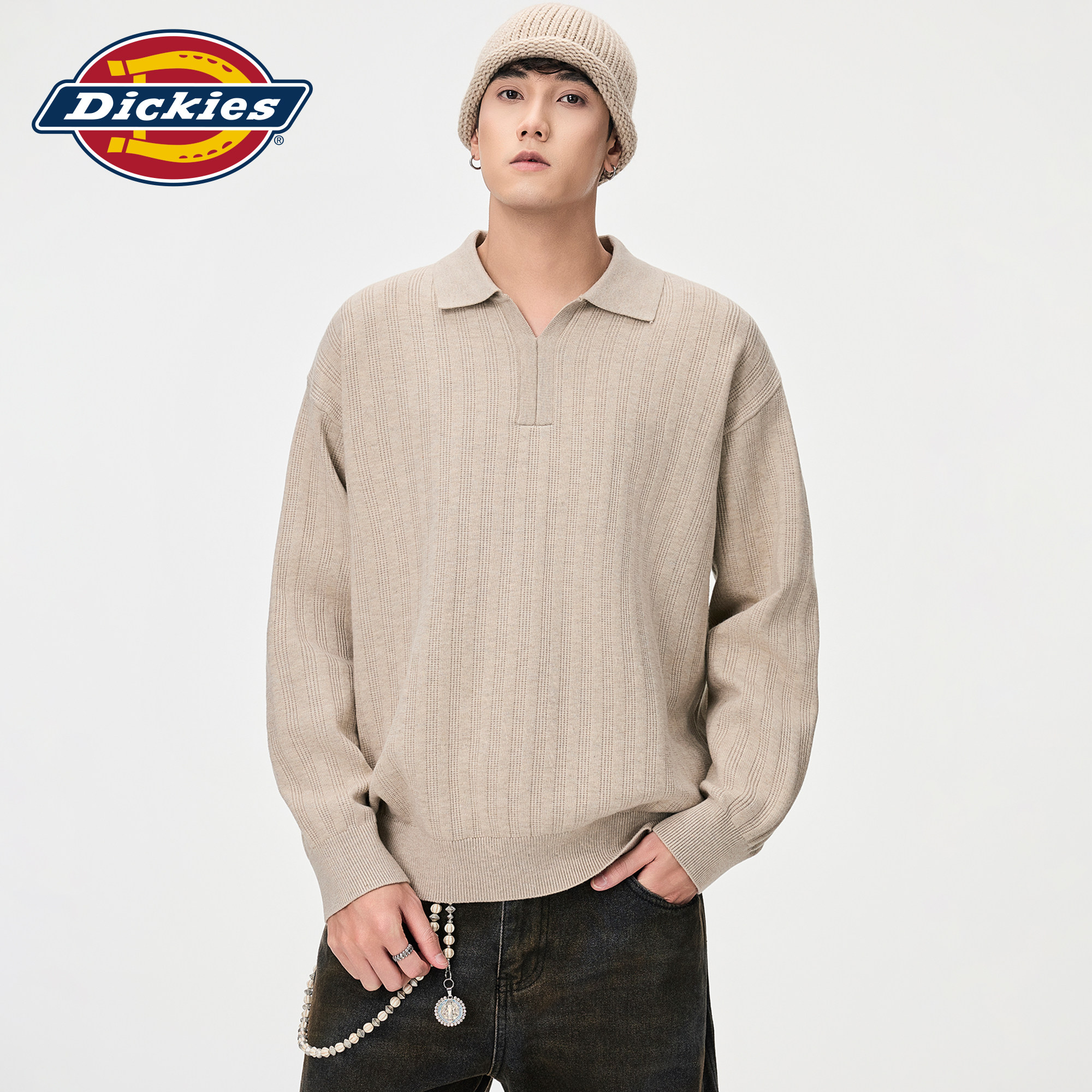 Dickies帝酷适美式polo翻领针织衫男秋季肌理感宽松通勤套头毛衣M