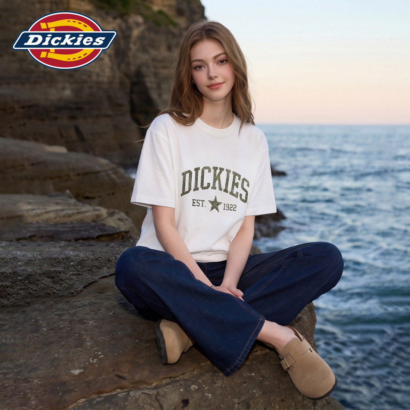 Dickies帝酷适白色短袖T恤女夏季美式字母印花圆领宽松休闲上衣m