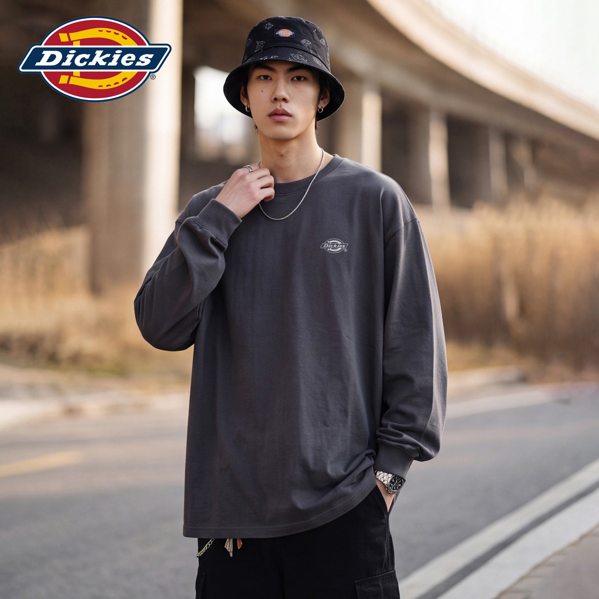 Dickies帝酷适潮牌印花纯棉长袖T恤男秋季宽松百搭圆领打底上衣M