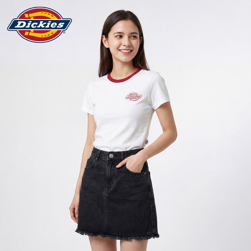 Dickies帝酷适撞色领印花短袖T恤女士修身短款微弹上衣夏季休闲J