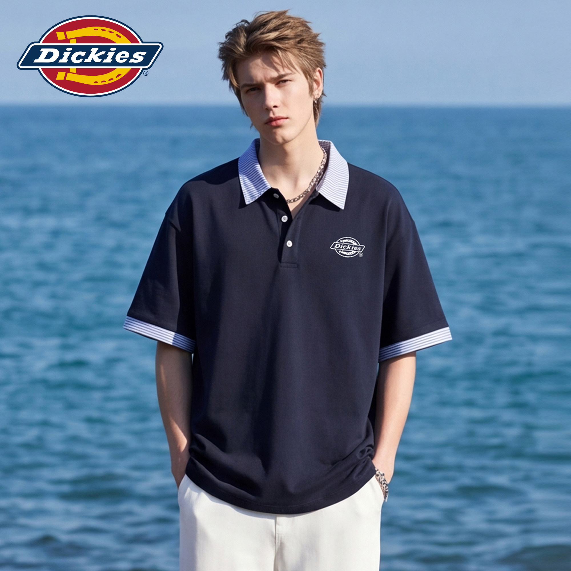 Dickies帝酷适短袖POLO衫男士夏季潮牌美式T恤拼接条纹宽松上衣M