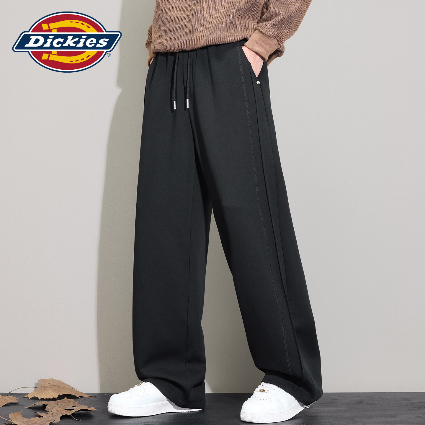 Dickies帝酷适秋季抽绳垂感拼接条纹针织卫裤男士宽松直筒休闲裤Y