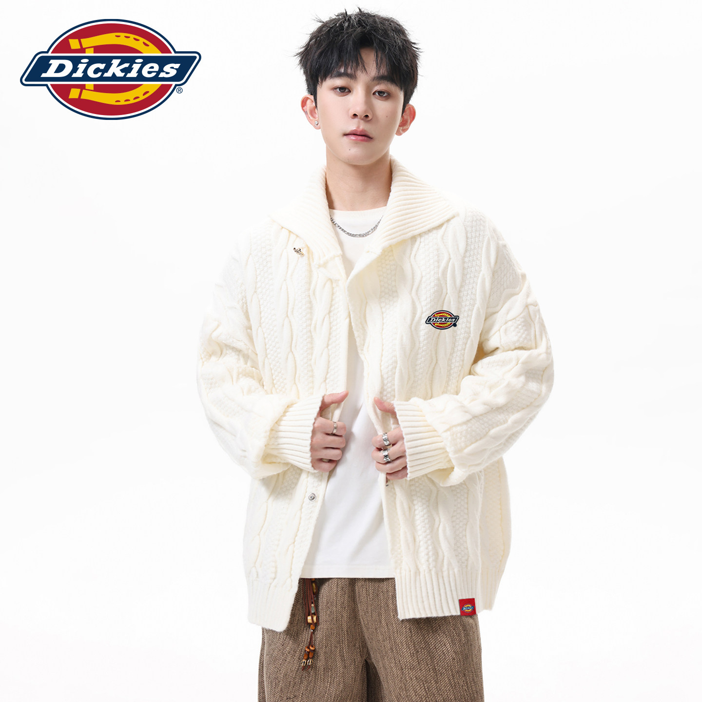 Dickies秋冬季男装刺绣翻领毛衣男针织衫外套cool青年时尚上衣潮J