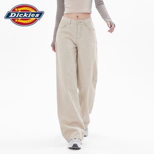 Dickies帝酷适美式高腰阔腿牛仔裤女宽松显瘦浅杏色慵懒垂感裤子m