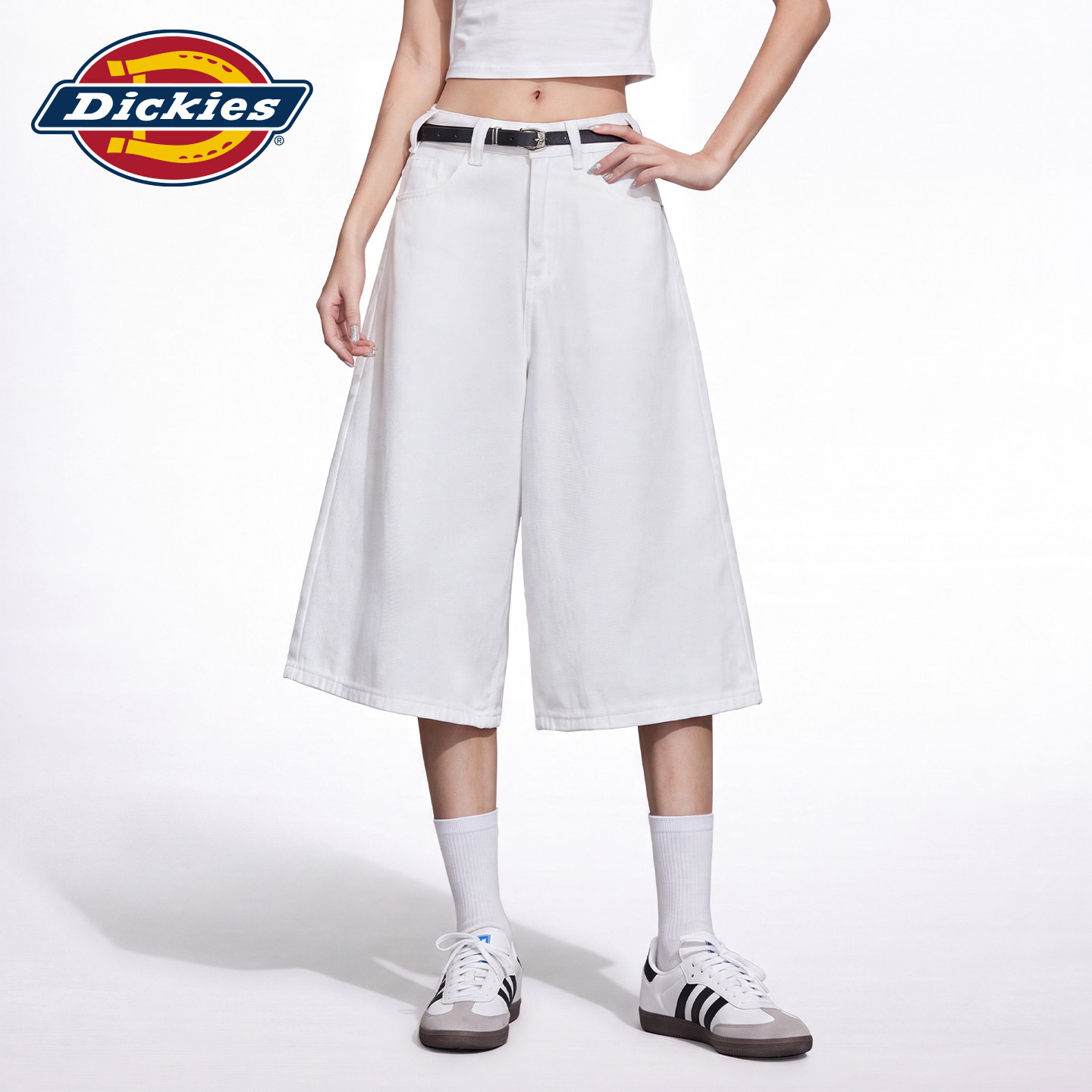 Dickies帝酷适白色高腰七分牛仔裤女2026夏季新款宽松显瘦直筒裤m
