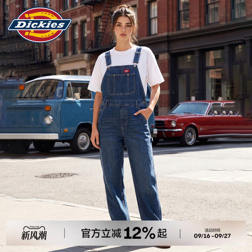 Dickies帝酷适牛仔背带裤女春秋宽松阔腿工装直筒黑色休闲长裤子J