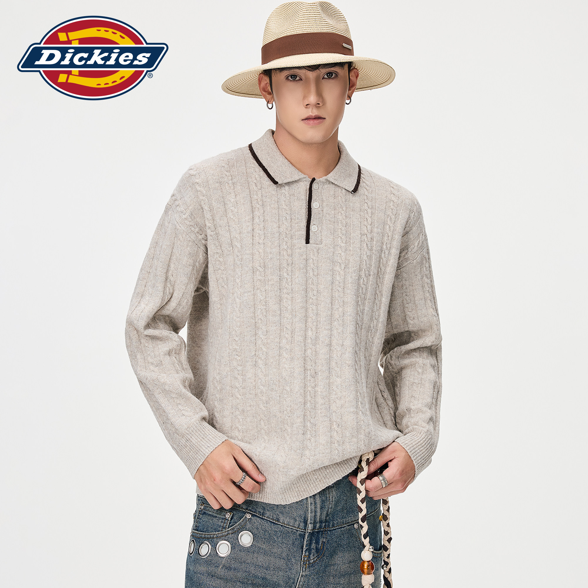 Dickies帝酷适Polo翻领针织衫男生秋季美式慵懒风宽松半纽扣毛衣M