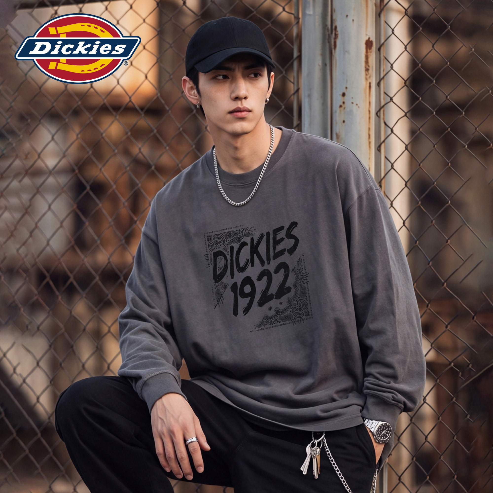 Dickies帝酷适重磅纯棉印花长袖T恤男秋季百搭潮流宽松打底上衣M