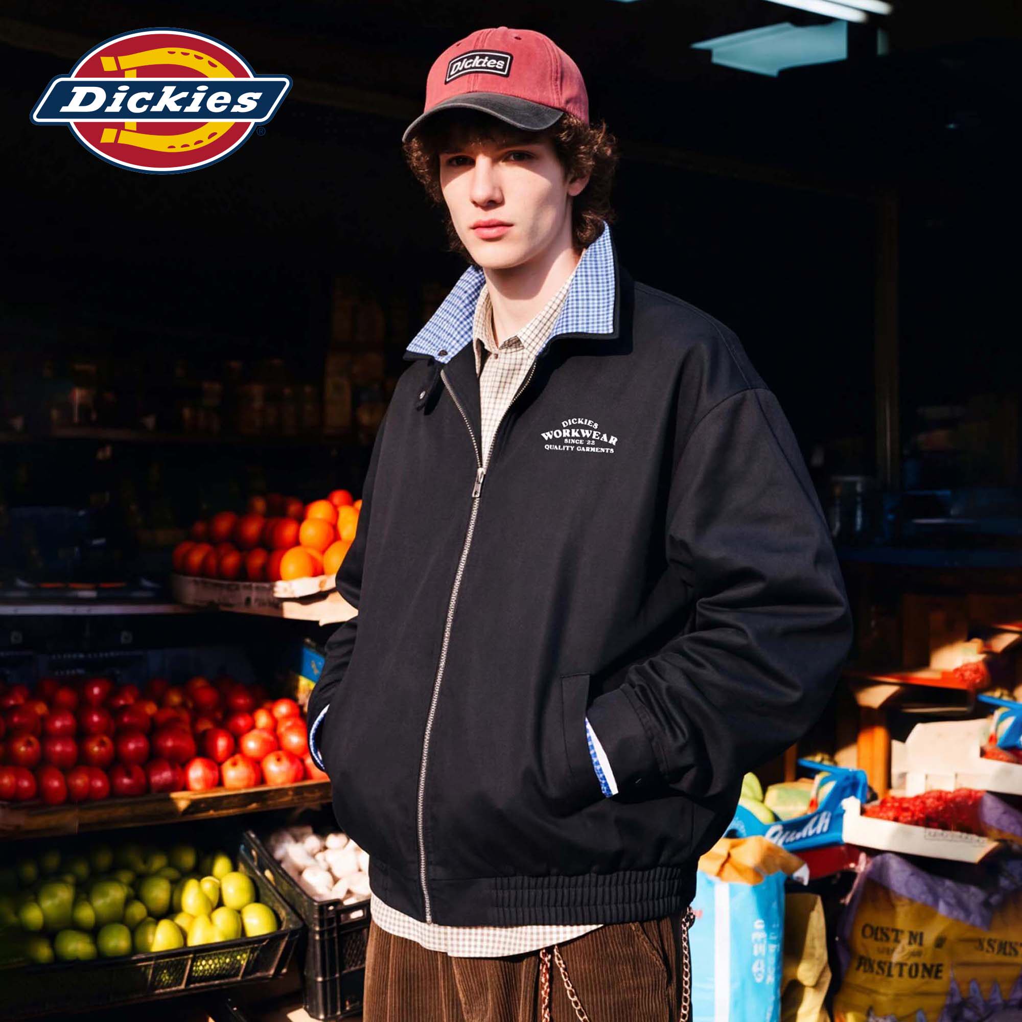 Dickies帝酷适美式格纹翻领拼接外套男秋冬季宽松黑色假两件夹克M