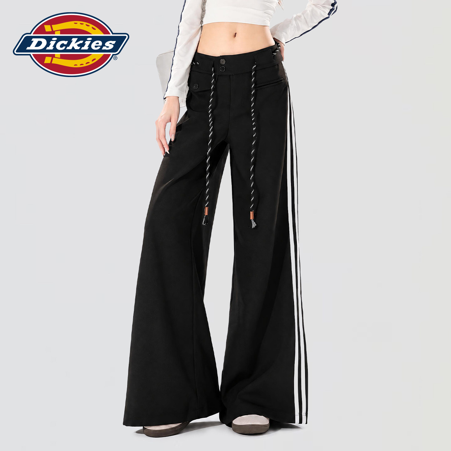 Dickies帝酷适撞色条纹阔腿裤女2026秋季抽绳设计宽松显瘦休闲裤m