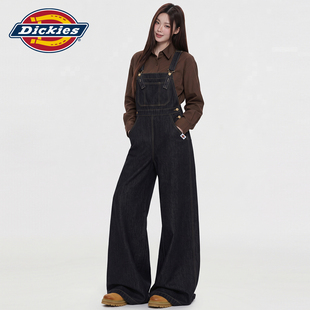 Dickies帝酷适韩系深色简约牛仔背带裤女秋季高腰宽松阔腿连体裤Y
