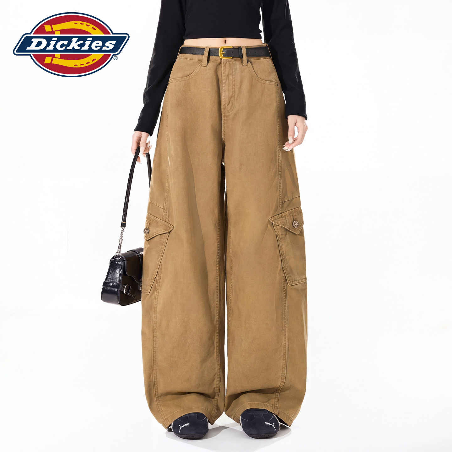 Dickies帝酷适美式工装风阔腿裤女宽松显瘦多口袋卡其色休闲长裤m