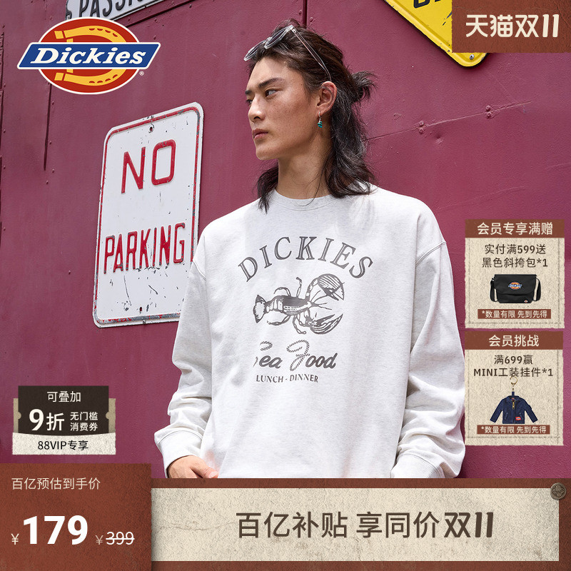 Dickies25秋冬新款 龙虾复古图案印花圆领卫衣宽松毛圈内里 男女