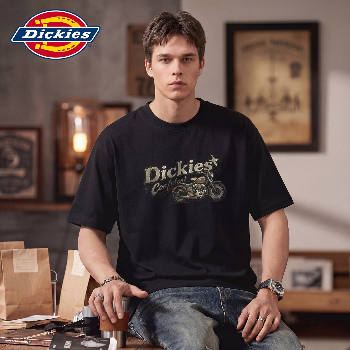 Dickies帝酷适夏季美式新款摩托车印花休闲短袖T恤男士薄款上衣Y