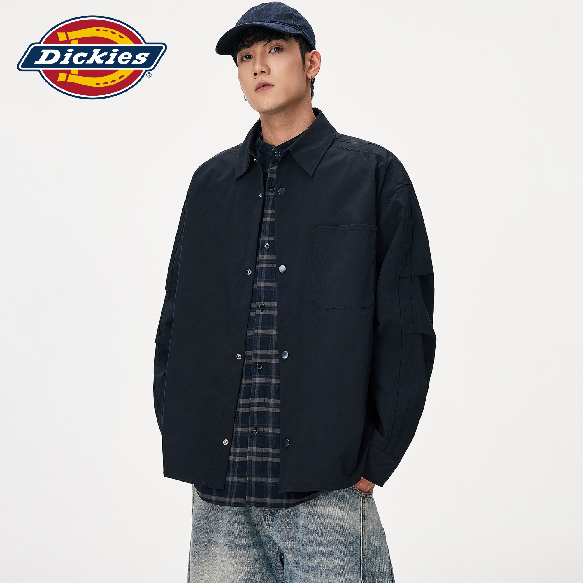 Dickies帝酷适假两件翻领衬衫男生秋季潮牌叠穿衬衣宽松百搭外套M