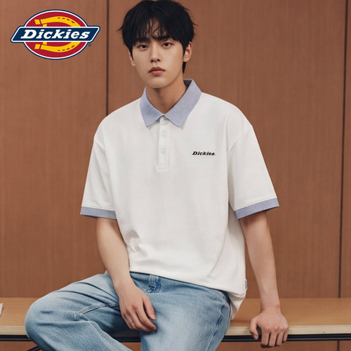 Dickies帝酷适条纹拼接短袖POLO衫男夏季潮牌纽扣设计感半袖上衣M