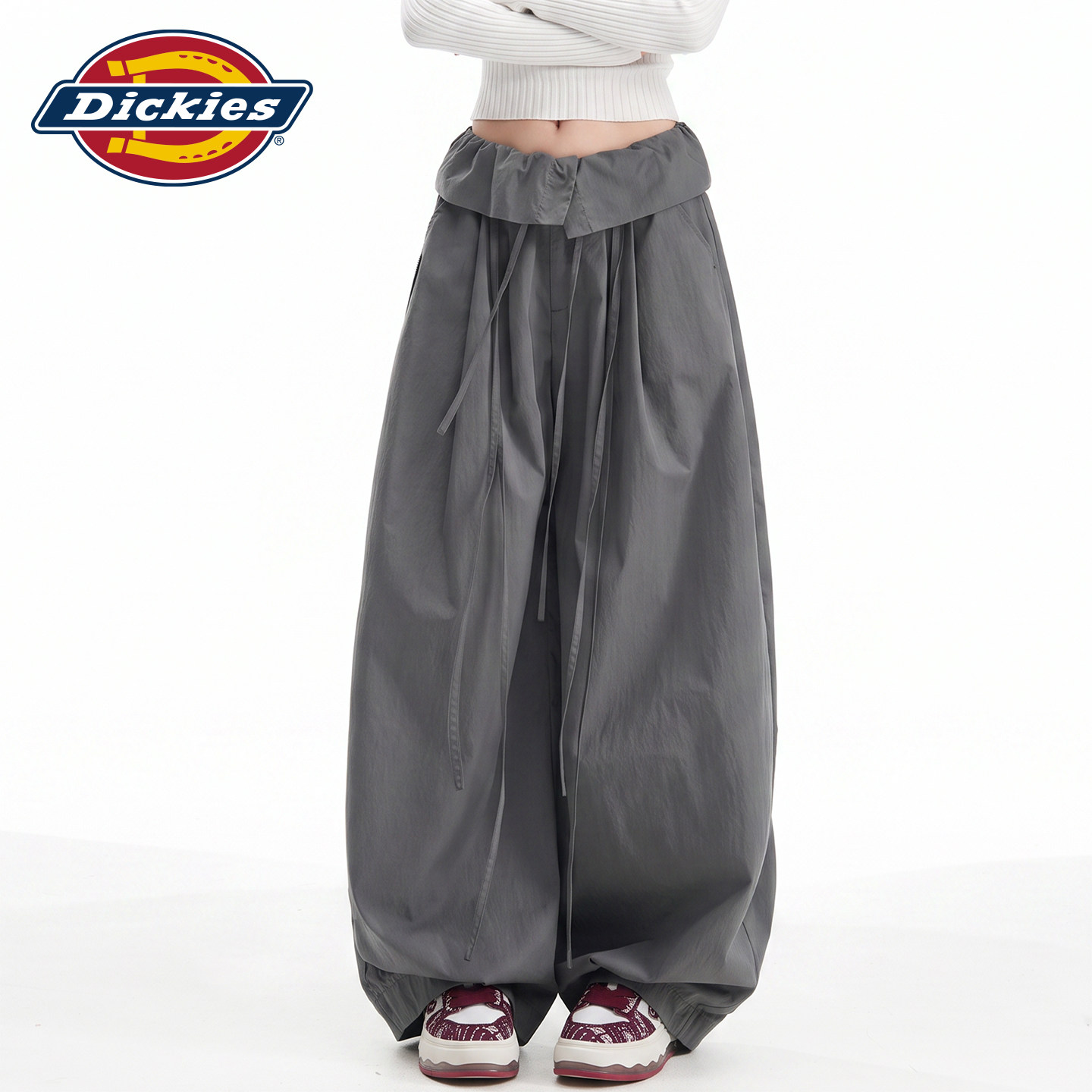 Dickies帝酷适深灰色荷叶边阔腿休闲裤女设计感低腰宽松拖地裤子Y