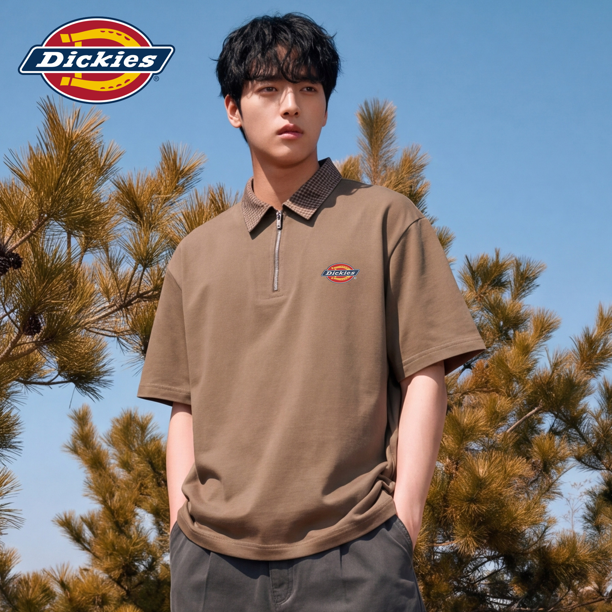 Dickies帝酷适格子异色翻领短袖Polo衫男半拉链宽松半袖休闲T恤M