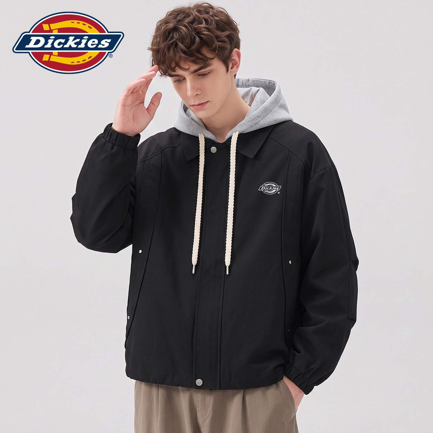Dickies帝酷适抽绳带帽铆钉拼接插袋男士秋季新款假两件夹克外套Y