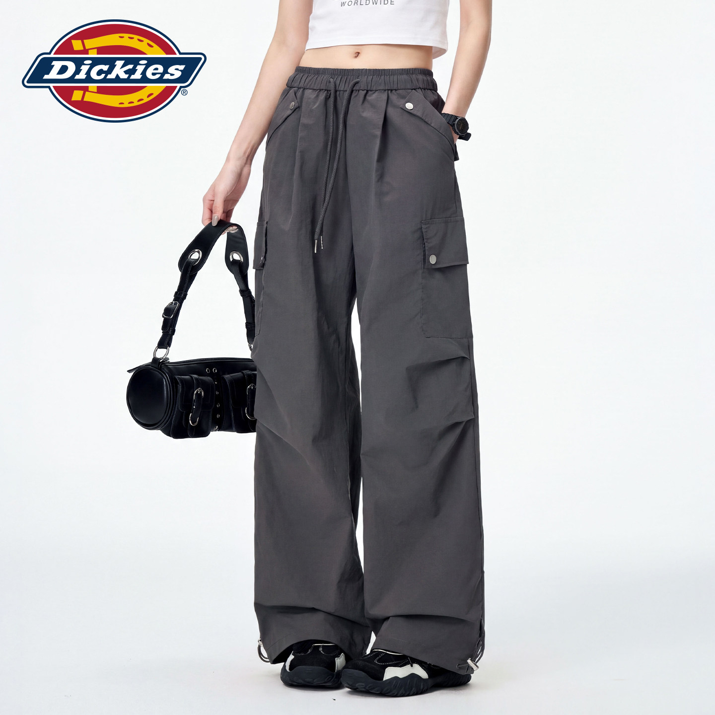 Dickies帝酷适松紧腰阔腿工装裤女2026宽松显瘦多口袋抽绳休闲裤m