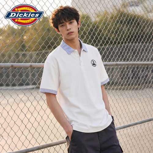 Dickies帝酷适潮牌印花纽扣款短袖POLO衫男夏季宽松百搭半袖上衣M