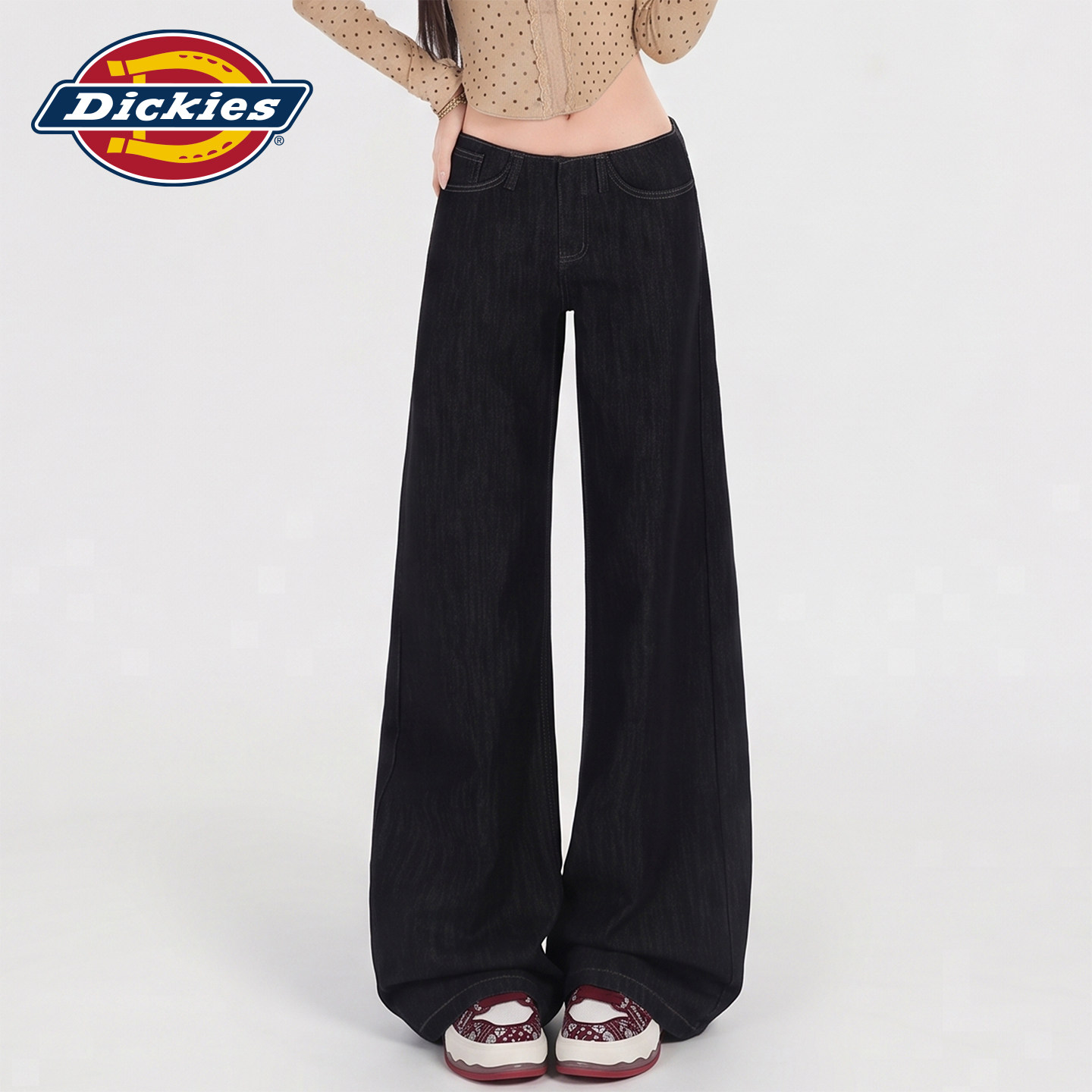 Dickies帝酷适美式原牛黑色微喇牛仔裤女秋季低腰辣妹垂感喇叭裤Y