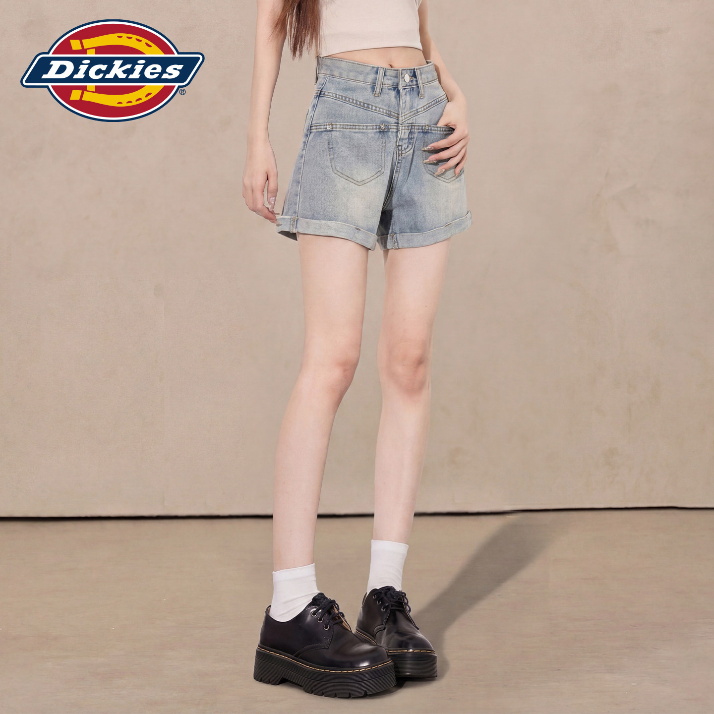 Dickies帝酷适美式复古高腰牛仔短裤女夏季新款显瘦卷边辣妹热裤m