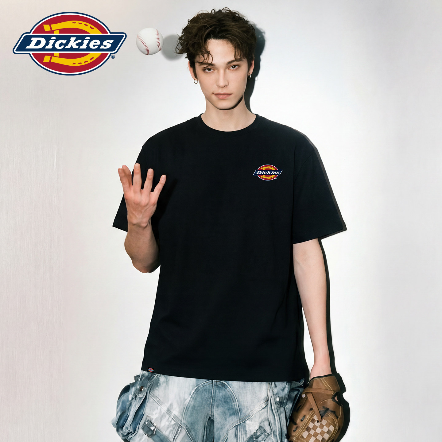 Dickies2026年夏季纯棉男士短袖T恤圆领黑色宽松休闲半袖上衣服A