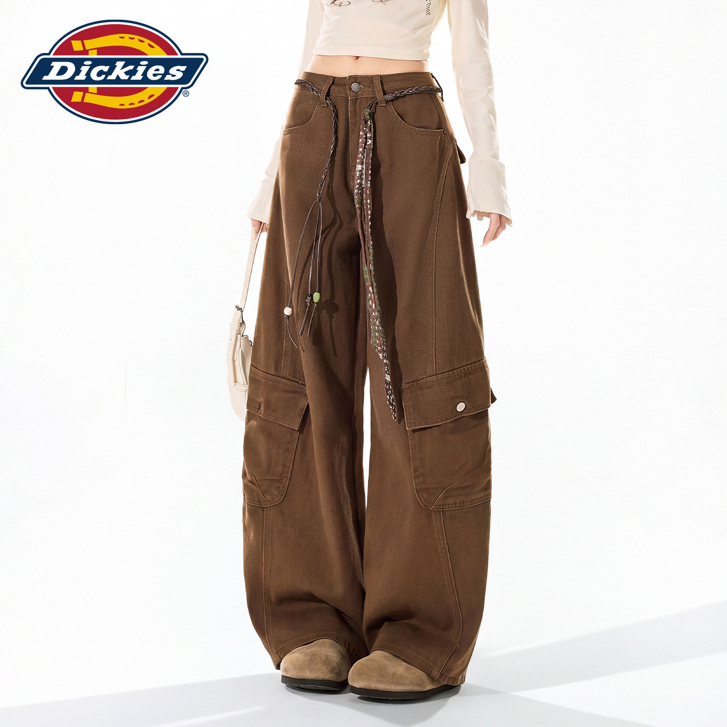 Dickies帝酷适工装风高腰阔腿裤女秋季咖啡色系带宽松显瘦弯刀裤m