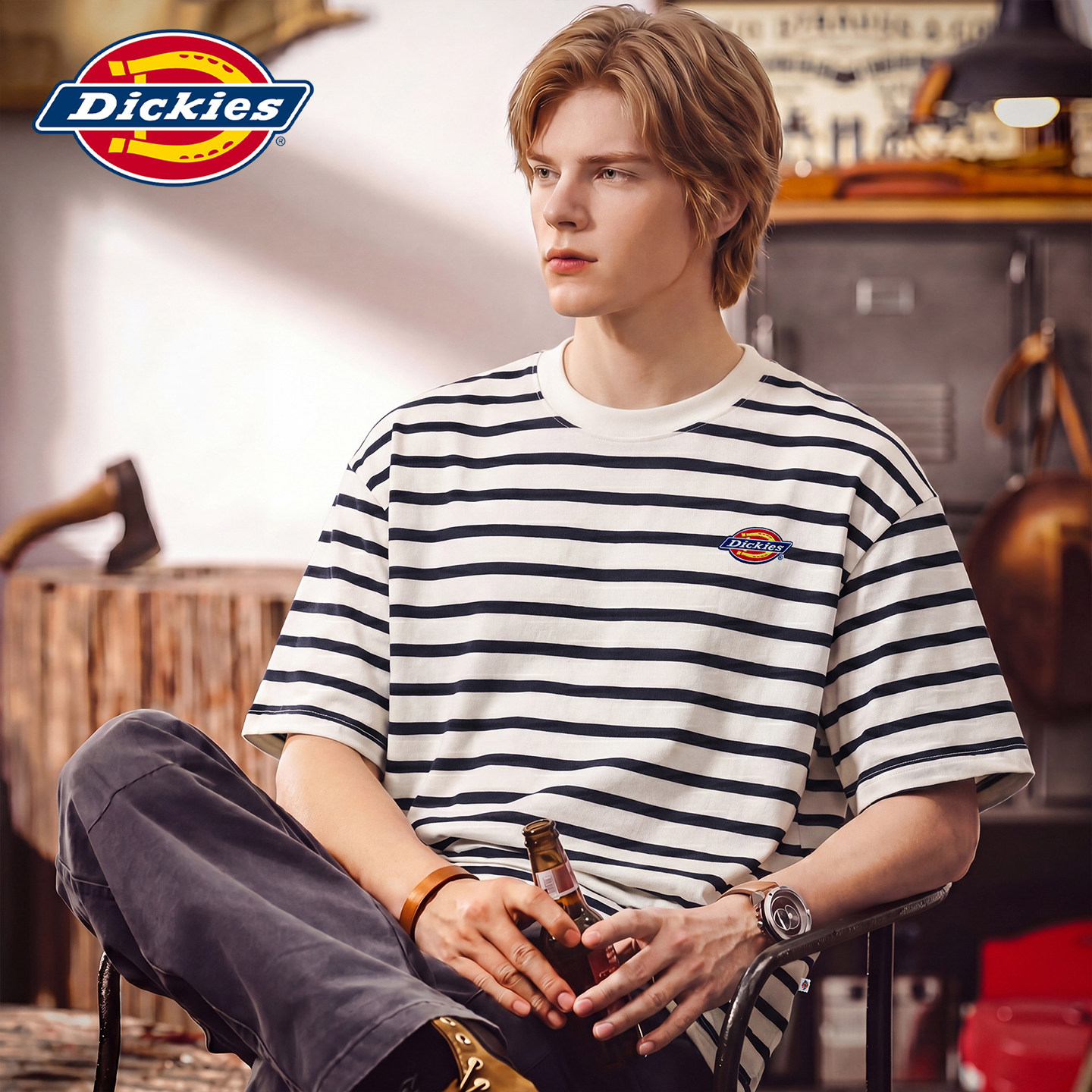 Dickies帝酷适条纹撞色短袖T恤男士夏季薄款经典标五分袖上衣服Y
