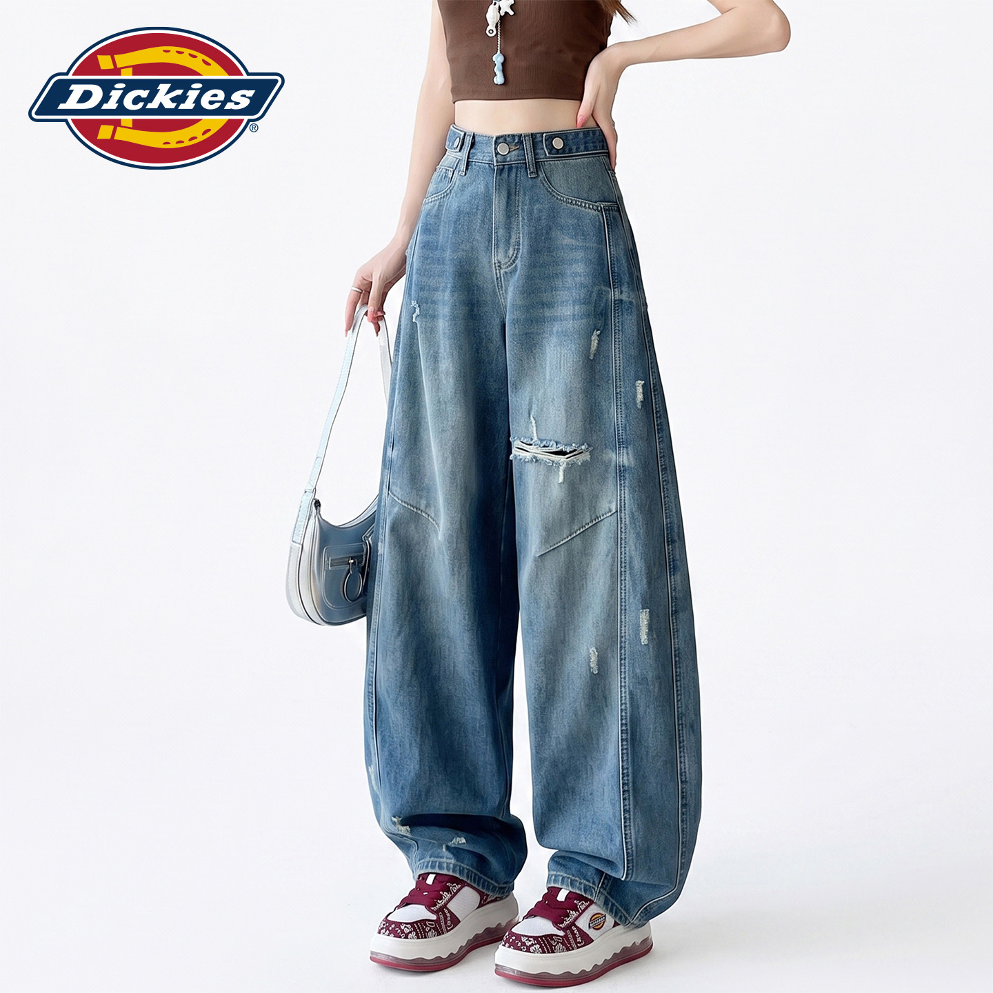Dickies帝酷适美式怀旧破洞弯刀牛仔裤女秋季高腰垂感潮流阔腿裤Y