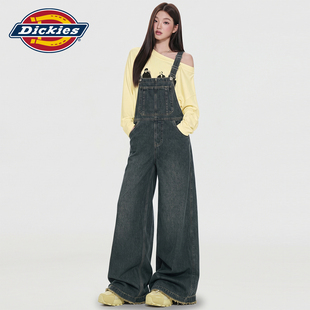 Dickies帝酷适韩版深色复古牛仔背带裤女秋季高腰宽松阔腿连体裤Y
