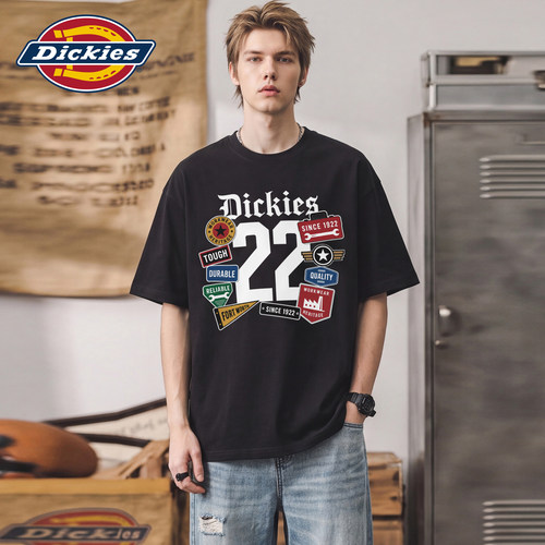 Dickies帝酷适索罗娜凉感黑色短袖T恤男生夏季字母印花情侣上衣M