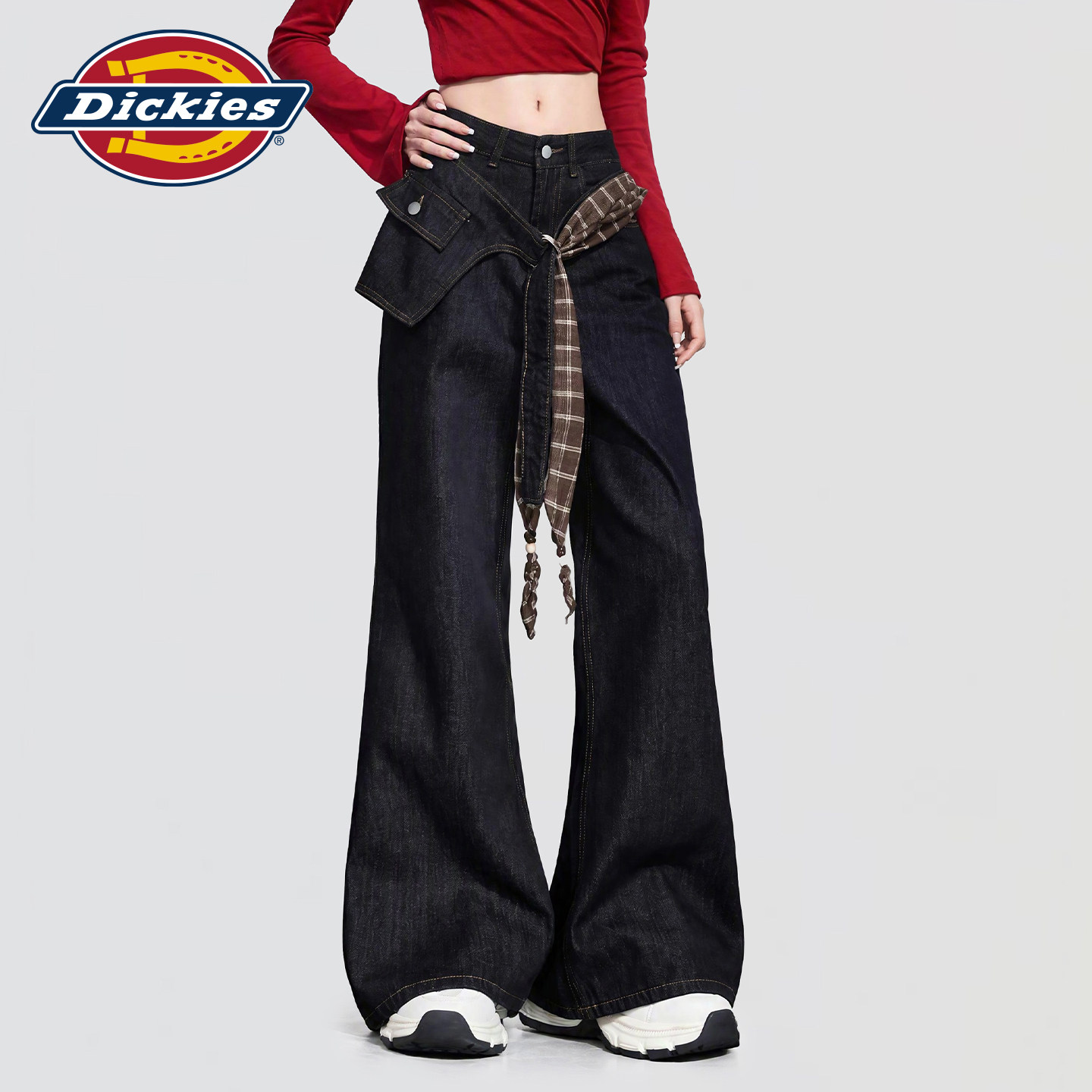 Dickies帝酷适复古风高腰阔腿牛仔裤女宽松垂感显瘦腰带装饰长裤m