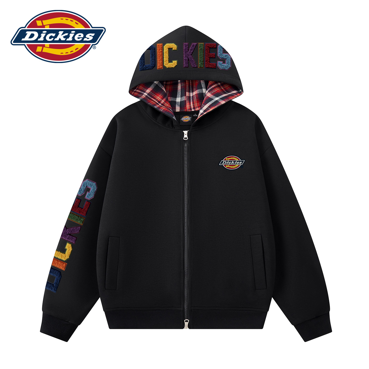 Dickies美式LOGO刺绣连帽格子开衫卫衣男时尚潮流情侣外套高街9J