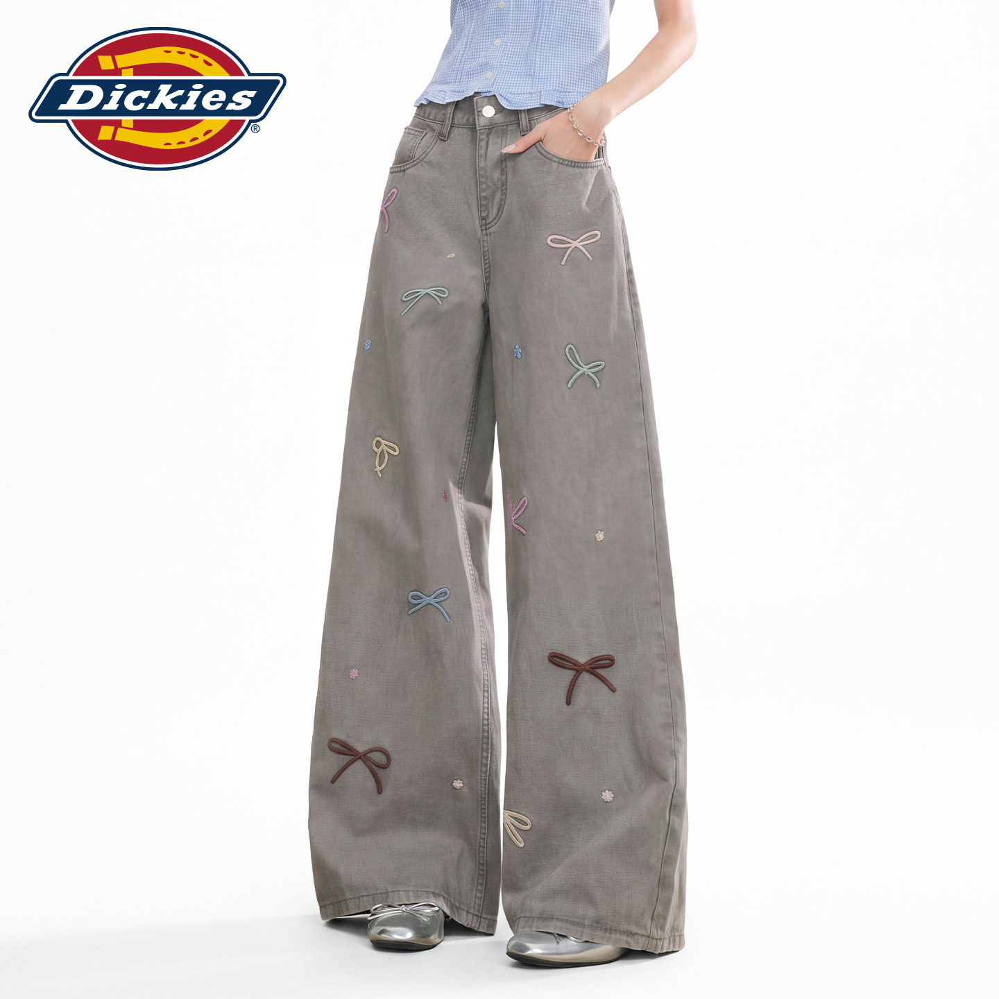 Dickies帝酷适美式蝴蝶结刺绣阔腿牛仔裤女2026新款设计显瘦长裤m