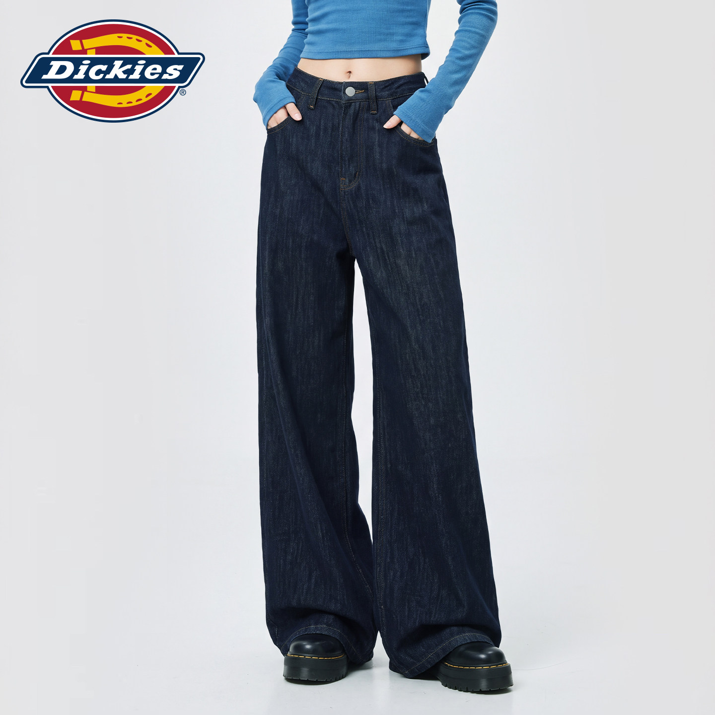 Dickies帝酷适阔腿牛仔裤女2026秋季深蓝色显瘦宽松垂感拖地长裤m