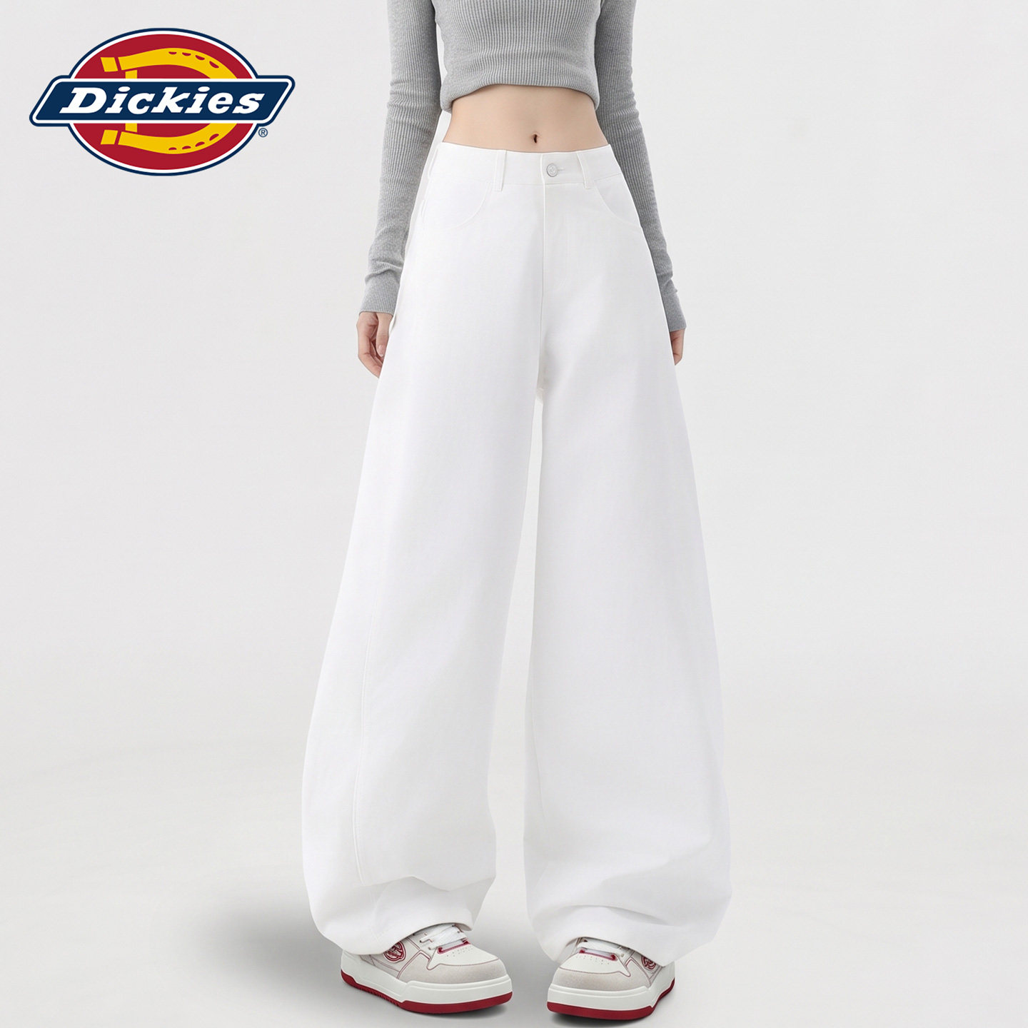 Dickies帝酷适美式白色简约高腰牛仔裤女宽松直筒垂感显瘦阔腿裤Y
