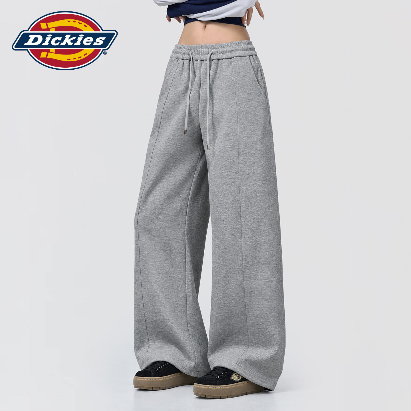 Dickies帝酷适美式垂感阔腿裤女中花灰色松紧腰休闲裤慵懒风长裤m