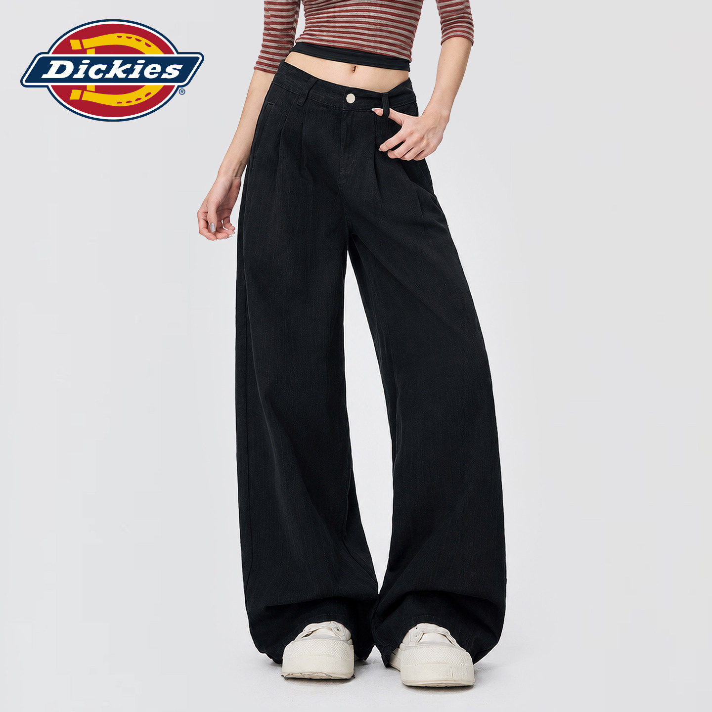 Dickies帝酷适黑色阔腿牛仔裤女美式风秋季宽松直筒长裤显瘦百搭m