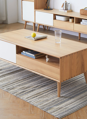 优木家具全实木茶几1.2米带抽白蜡木茶几茶桌北欧轻奢原木色家具