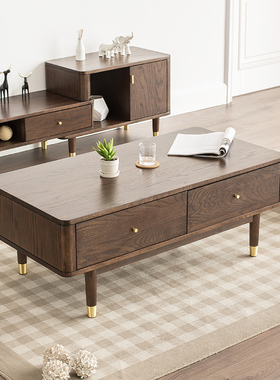 优木家具全实木茶几1.2米北美橡木茶几1.4米四抽茶几北欧简约现货