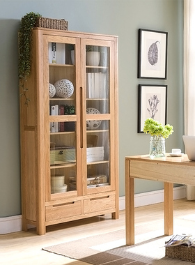 优木家具纯实木书柜1米北美橡木两门书架实木书橱北欧简约原木色