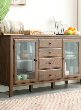 优木家具纯实木餐边柜橡木储物柜实木边柜碗橱厅柜美式餐厅家具