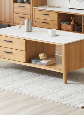 优木家具北美橡木茶几1.2米岩板茶几1.4米全实木茶几四抽储物原木