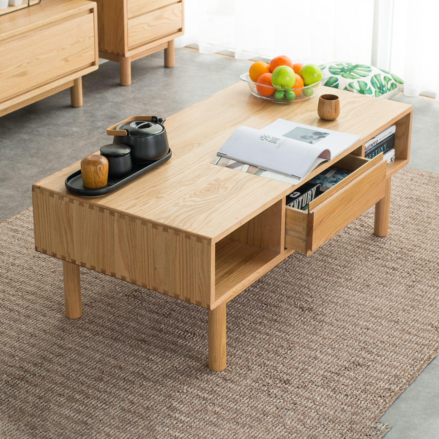 优木家具北美橡木茶几1.2米全实木茶几1米北欧原木带抽茶几茶桌