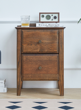 优木家具 纯实木床头柜 橡木两抽床头柜 床边储物柜 美式卧室家具